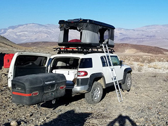 StowAway MAX Cargo Carrier on Toyota FJ Cruiser with rooftop tent