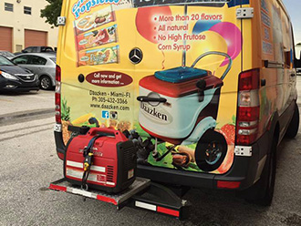 StowAway SwingAway Frame carrying portable generator on ice cream truck in Miami, Florida