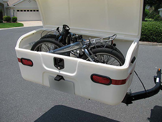 StowAway MAX Cargo Carrier with SwingAway frame holding 2 folding bikes, open