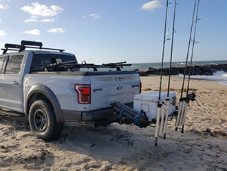 Ford pickup truck with StowAway Surf Fishing Rod Rack, tailgate closed