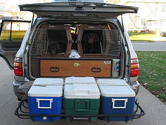 Two dog crates in back of SUV with StowAway Cargo Rack holding three coolers