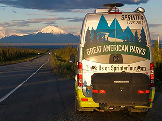 Mercedes Airstream Sprinter van with StowAway MAX Cargo Carrier, mountain in background