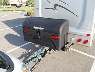 StowAway Standard Cargo Carrier on RV with dual hitch and hitch extender