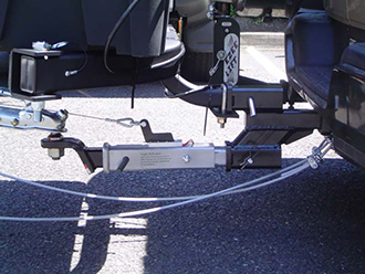 Close-up of dual hitch and hitch extender used with StowAway Standard Cargo Carrier