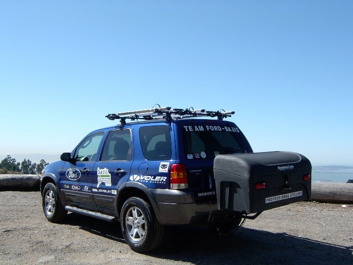 StowAway Hitch Cargo Carrier on blue Ford Escape with Ski Rack