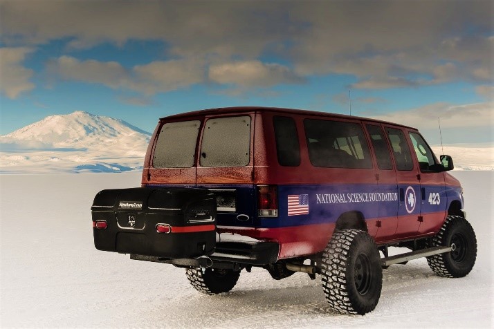 StowAway Hitch Cargo Carrier on red Ford Van in Anartica