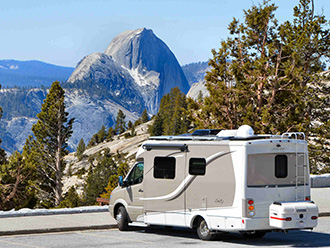 StowAway MAX Cargo Carrier on Mercedes Unity Class C Leisure Travel Van, Half Dome, Yosemite National Park