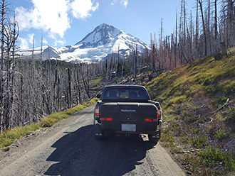 View of Mt. Hood in Oregon behind Toyota 4x4 truck with StowAway MAX Cargo Carrier