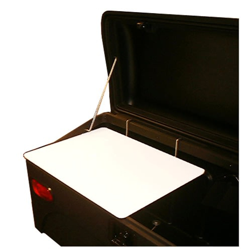 StowAway Lid Stay attaches to interior of cargo carrier to keep lid open at 90 degrees